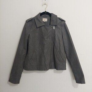 Ann Taylor LOFT Vegan Leather Moto Jacket Sz 4 Gray Asymmetrical Zipper‎ Pockets